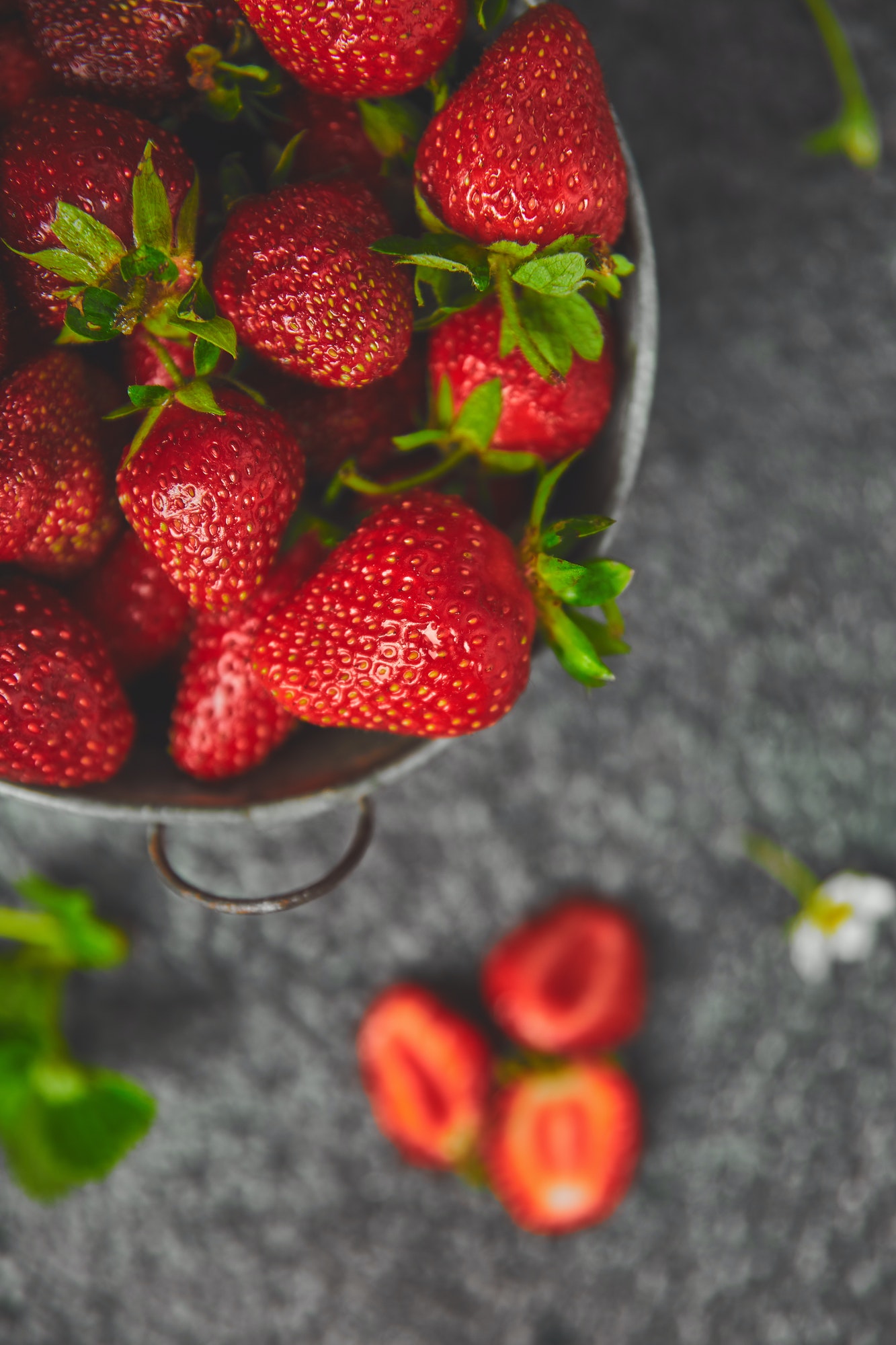 Strawberries in white basket. Fresh strawberries.